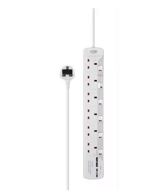LOGIK L6W4MUC23 Surge Protected 6-Socket Extension Lead with USB - 4 m - Free click and collect