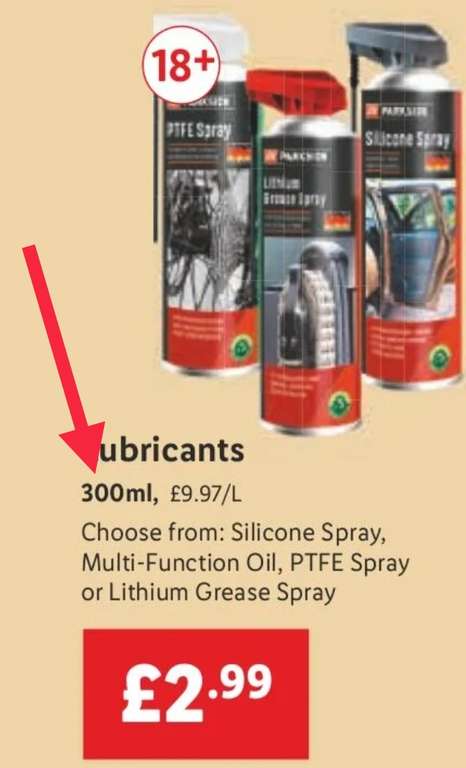 Spray Lubricants from £2.99 (Parkside brand). Lithium Grease Spray, PTFE  Spray, Multifunction Oil Spray and Silicone Spray @ LIDL | hotukdeals