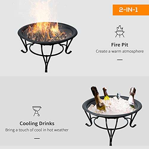 Outsunny Metal Firepit Bowl Outdoor Round Fire Pit w/Lid, Log Grate + Poker, 56 x 56 x 45cm, Black - Sold By MHSTAR