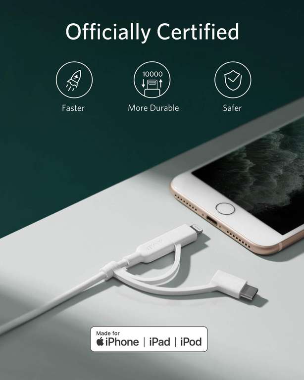 Anker PowerLine II 3-in-1 Cable, Lightning/Type C/Micro USB Cable for iPhone, and Andriod (3ft) (White) Sold by AnkerDirect UK