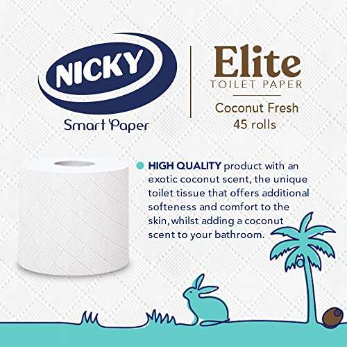 Nicky Elite (Coconut - 3 ply / 168 sheet per roll) 45 Rolls Toilet Tissue £16.45 (£15.63 Subscribe & Save 34.7p / roll) @ Amazon