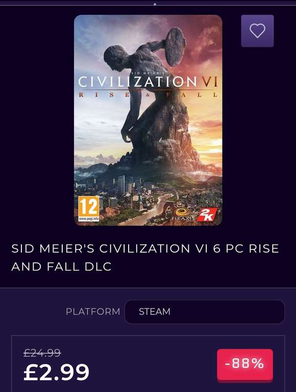 Civilization 6 'Gathering Storm' DLC and 'Rise and Fall' for PC £2.99 each @ CDKeys