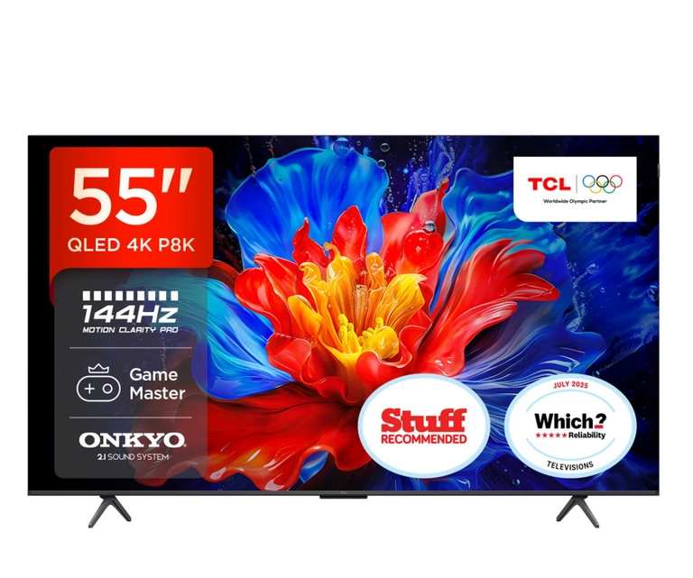TCL 55P8K QLED 4K HDR PRO Smart TV-55P8K-UK (288Hz Game Accelerator, ONKYO 2.1 SOUND SYSTEM, Miracast & Google Cast) With Coupon