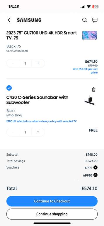 Samsung UE75CU7100 2023 75” Plus Free Sound Bar and Free Delivery and Wall Mounting Service W/Codes via App