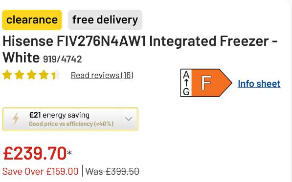 Hisense FIV276N4AW1 Integrated Freezer - White 212 L | hotukdeals