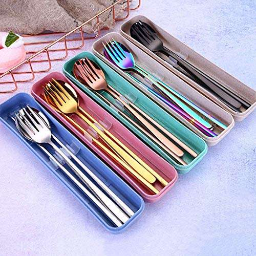 Stainless Steel Cutlery Chopsticks Spoon Fork Set with Storage Box for Outdoor Camping, Travelling, Picnic, BBQ (Black)