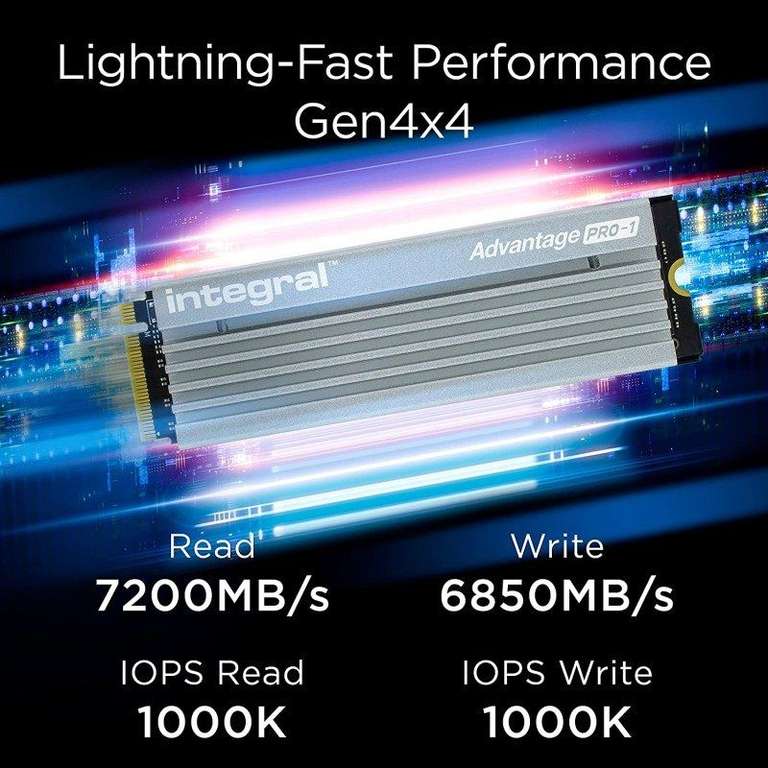 4TB - Integral Advantage PRO-1 PCIe Gen4 x4 NVMe SSD with Heatsink - 7200MB/s, 3D TLC, 2GB Dram Cache, 2800 TBW, 5 Year Warranty (PS5 Ready)