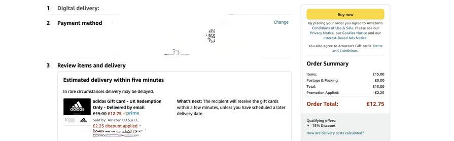 15% off adidas e-gift card - £15 to £200 denomination @ Amazon