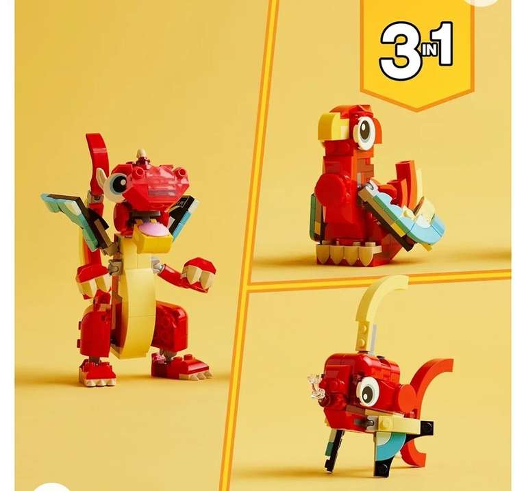 LEGO Creator 3in1 Red Dragon Toy to Fish to Phoenix Bird Model, 31145. FREE click & reserve