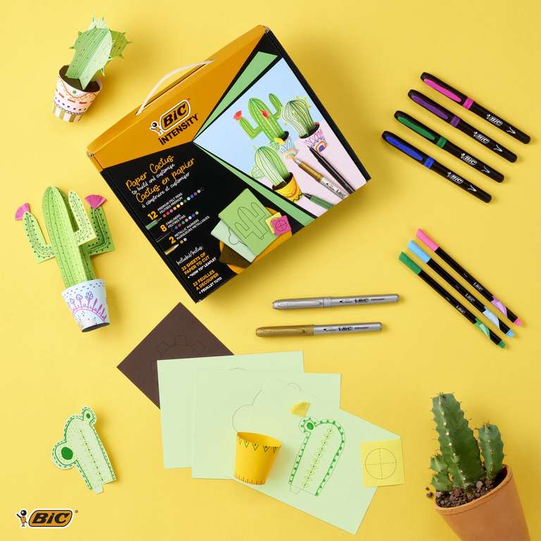 BIC Intensity Paper Cactus Kit with 12 Colouring Felt Pens, 8 Fineliners, 2 Metallic Permanent Markers, and 22 Sheets with Printed Cutouts