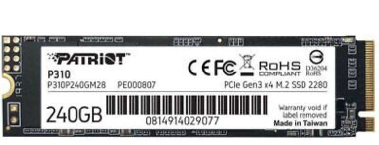 240GB - Patriot P310 M.2-2280 PCIe 3.0 x4 NVMe SSD 1700/1000MB/s R/W - £15.73 with code, Delivered (UK Mainland) @ Ebuyer / eBay