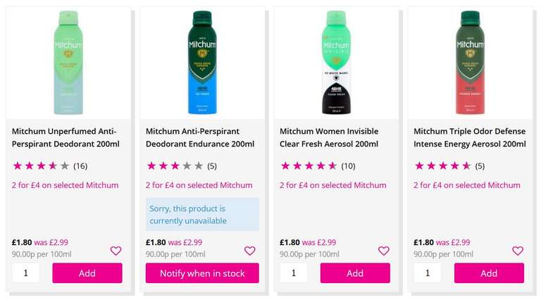 Mitchum Mens & Womens Anti-Perspirant Deodorant 200ml (12 Options) @ £1.80 + Free Order & Collect @ Superdrug