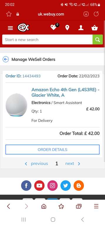 Amazon Echo 4th Gen(Full size NOT A DOT!) (L4S3RE) - Glacier White, B - £40 / £41.95 delivered @ CeX