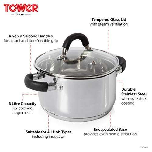 Tower T80837 Casserole Dish, 24cm Stainless Steel, Silver