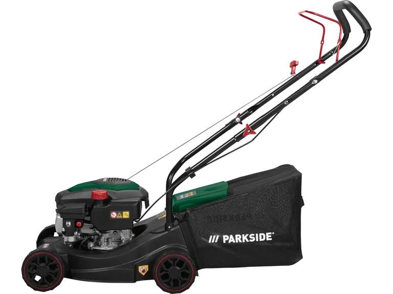 Parkside Petrol Lawnmower 35L collection box. cutting width of 39cm, 16kg empty weight & 3 cutting heights