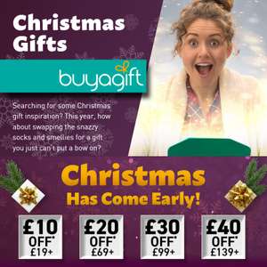 £10 off £19+ Spend / £20 off £69 Spend / £30 off £99+ Spend / £40 off £139+ Spend on Christmas Gifts Using Discount Codes @ BuyAGift