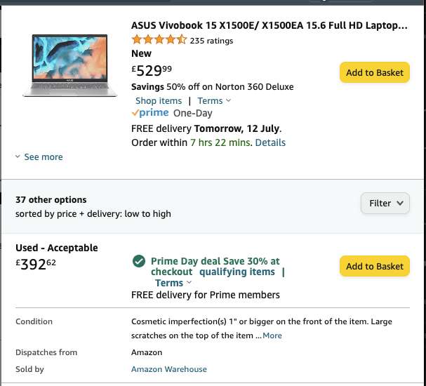 ASUS Vivobook 15 X1500 (Intel i5 1135G7, 16GB RAM, 512GB SSD, Windows 11) - Used Acceptable - £274.83 @ Amazon Warehouse