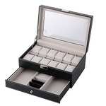 Watch Box for Men, Watch Case Double-Layer Display Storage with Drawer, Jewelry Collection Organiser Holder - Leather