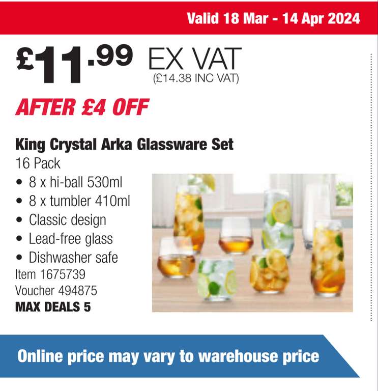 King Crystal Arka Glassware Set, 16 Pack