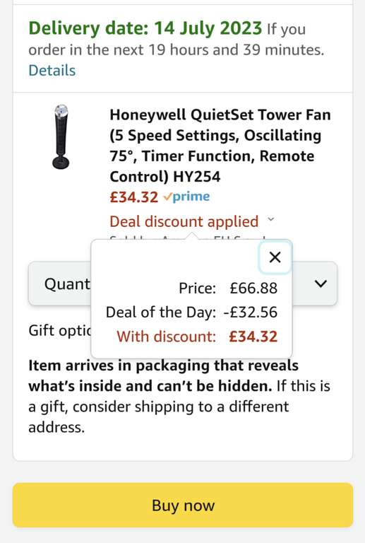 Honeywell QuietSet Tower Fan - £34.32 Prime Exclusive @ Amazon