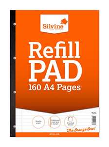 Silvine 160 Page A4 Refill Pad, Side Bound and Punched 4 Holes. Ruled 8mm Feint with Margin