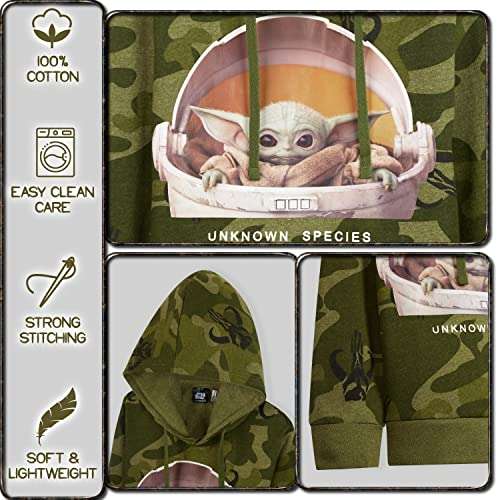 Disney Star Wars Baby Yoda Hoodie, Camo Hoodies for Boys and Teens, 13-15 Years, £8.99 with voucher, Dispatched By Amazon, Sold By get Trend