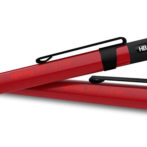 rOtring 500 Mechanical Pencil | 0.5mmHB Lead | Red hexagonal plastic barrel and non-slip textured metal grip