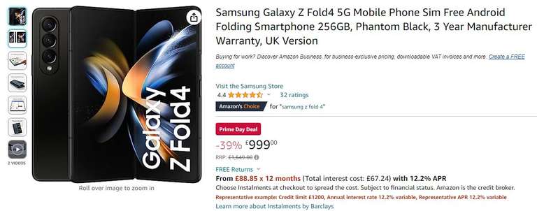 Samsung Galaxy Z Fold4 5G Mobile Phone Sim Free (Prime Exclusive Deal) £999 @ Amazon