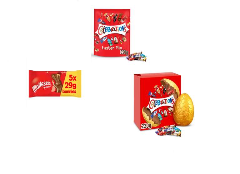 Online Exclusive Easter chocolate bundle celebrations large 220g egg, Malteser easter bunny 5 pk and celebrations 350g bag