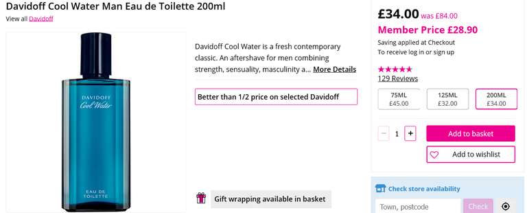 Davidoff Cool Water Man Eau de Toilette 200ml - Members Price (10% off for Students & NHS Staff)