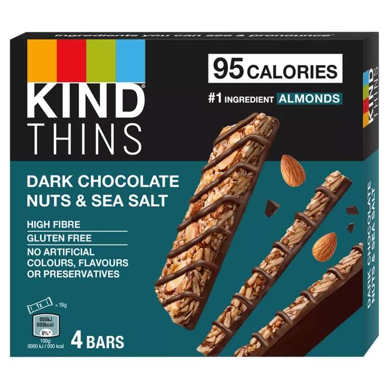 Kind Thins Caramel Nuts & Sea Salt Bars & Dark Chocolate Nuts & Sea Salt Snack Bars 4x19g £1 @ Heron Kingswinford (West Midlands)