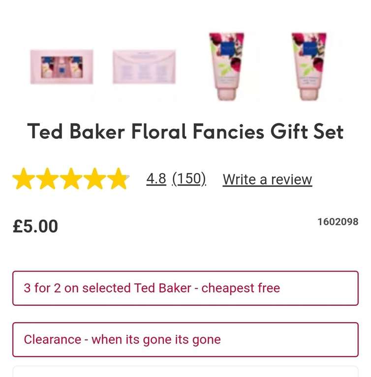 Offers stacking - 3 x Ted Baker Floral Fancies Gift Set bundle. 3 for 2 plus clearance price. £1.50 C&C - free with £15 spend