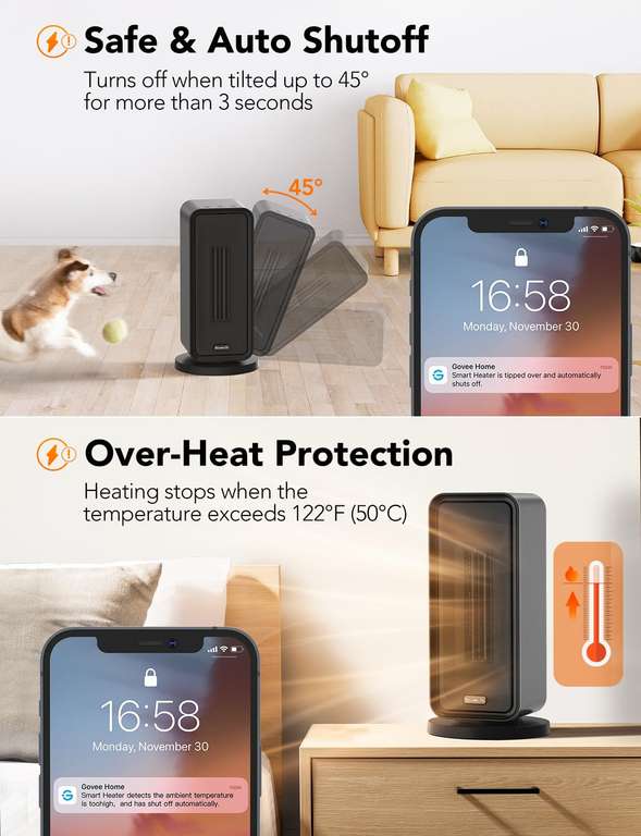 GoveeLife Electric Heater, Low Energy 80° Oscillating PTC Ceramic Heater with Thermostat, HEATER, with voucher - GoveeLife UK Direct FBA
