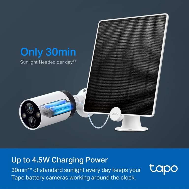 TP-Link Solar Panel, Non-Stop Solar Power, up to 4.5W Charging Power, IP65 Weatherproof, 4m Charging Cable, 360° Adjustable Mounting Bracket