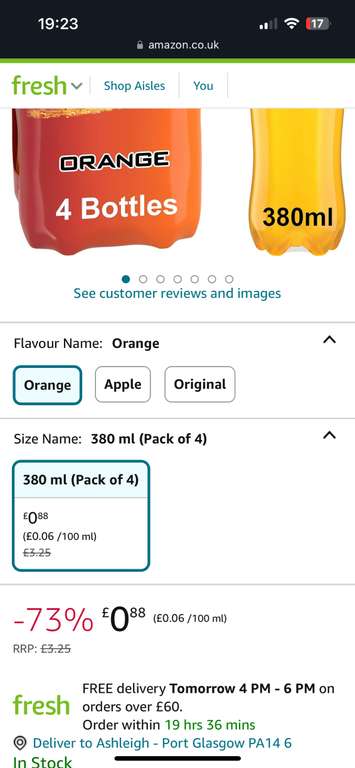 Amazon Fresh Lucozade Energy Drink, Orange Flavour, Fizzy, 4 Pack, 380ml Bottles