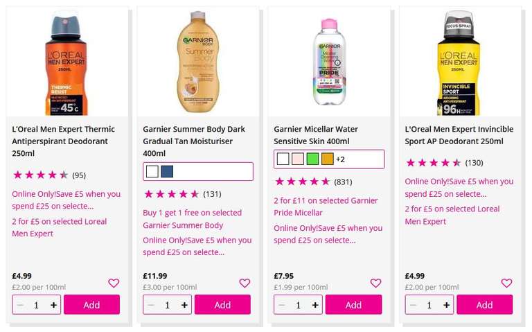 Save £5 When You Spend £25 On Selected Loreal & Garnier Products + Free Click & Collect @ Superdrug