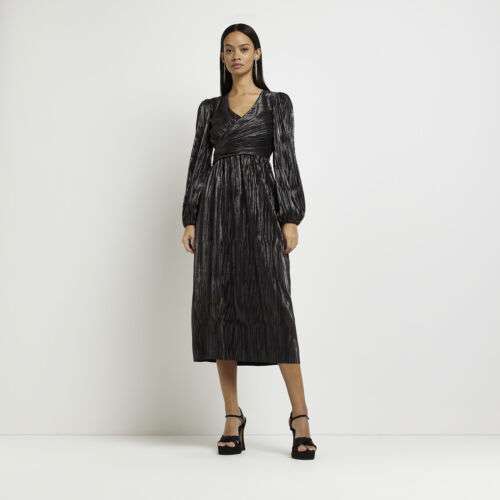 River Island Womens Midi Dress Black Metallic Plisse sizes 6-10 - Sold by River Island