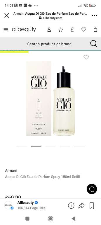 Armani Acqua Di Giò Eau de Parfum Spray 150ml Refill £69.90 at All Beauty