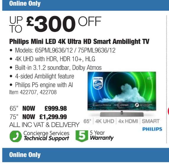 Philips 75PML9636/12 75 Inch Mini LED 4K Ultra HD Smart Ambilight TV £1299.99 @ Costco