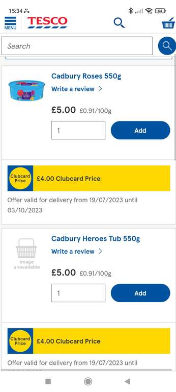 Chocolate tubs (Roses 550g, Heroes 550g and Celebrations 600g) Clubcard Price