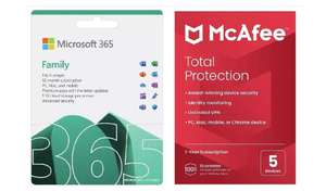 Microsoft 365 Family 6 People 12 months (+ 3 mths free) & McAfee / 6 TB cloud storage (1TB pp) = £44.99 w/ signup code (digital or c+c)