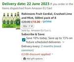Robinsons Crushed Lime and Mint Cordial, 500ml pack of 8 on offer at £20 plus 10% off on S&S @ Amazon