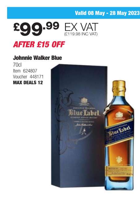 Johnnie Walker Blue Label Blended Scotch Whisky, 70cl £119.98 inc vat (Membership Required) @ Costco