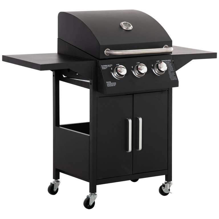 Outsunny 3 Burner Gas Grill Portable BBQ Trolley w/ 4 Wheels and Side Shelves - outsunny