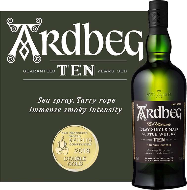 Ardbeg 10 years old peated Islay single malt Scotch whisky 46% ABV 70cl £38 with voucher @ Amazon