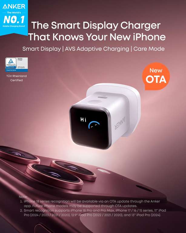 Anker Nano Smart Display Fast Charger 45W GaN USB C iPhone recognition ...
