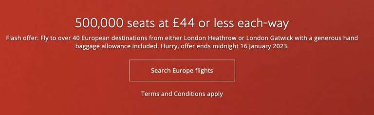 500,000 flight seats to Europe for under £44 each-way e.g £25 to Dublin (from London Heathrow) @ British Airways