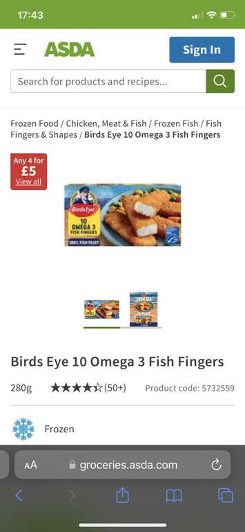 Birds Eye 10 Omega 3 Fish Fingers 4 for £5 (40 for £5) @ Asda