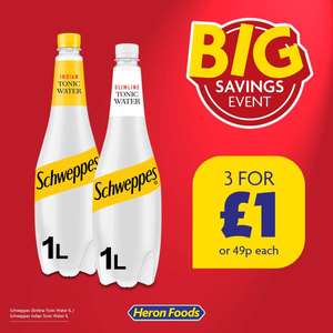 3 For £1 - Schweppes 1L Indian Tonic Water/Slimline Tonic Water
