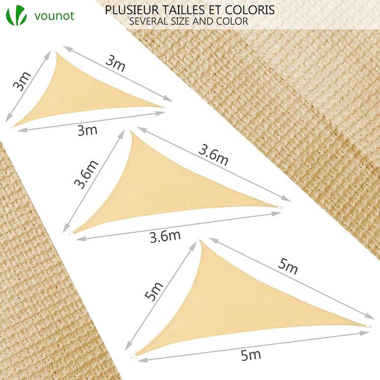 VOUNOT Sun Shade Sail Canopy Triangle 3.6x3.6x3.6m with Fixing Kit (Ivory)